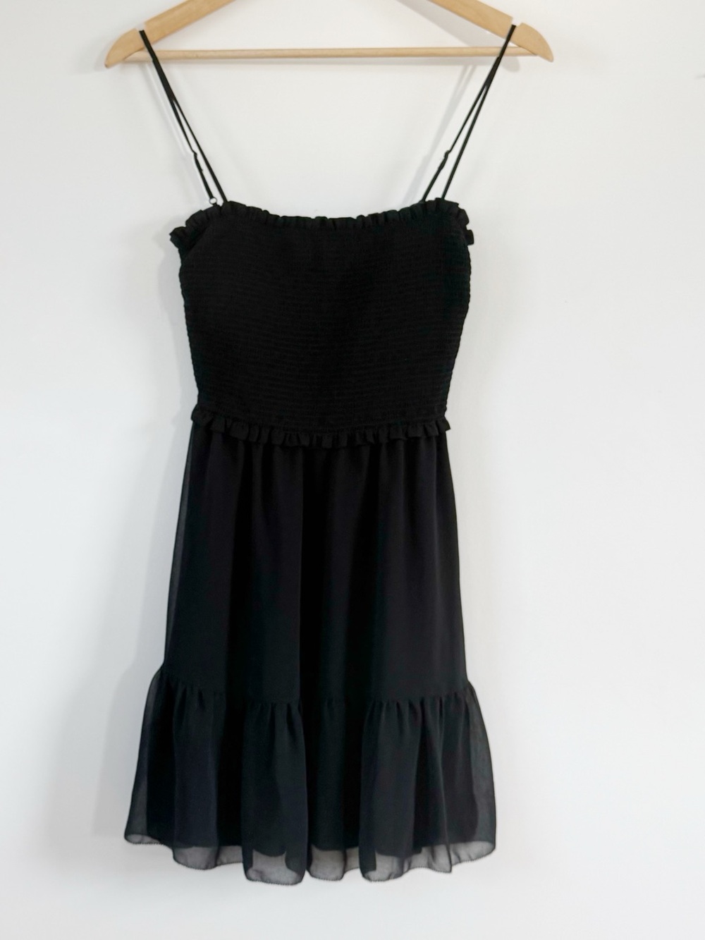 Wilfred Aritzia Black Smocked Mini Dress with Ruffle Hem